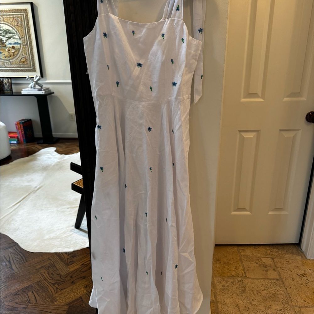 Fanm Mon White Maxi Dress with Blue Floral Embroidery